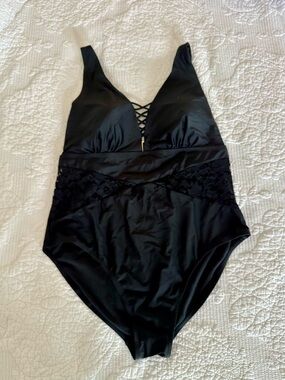 Terra & Sky Black One-Piece Swimsuit with Lace Insets